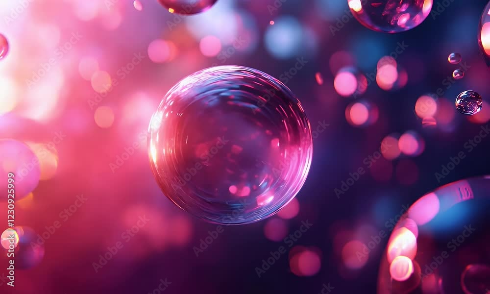 Pink, blue spheres float, bokeh background, abstract design
