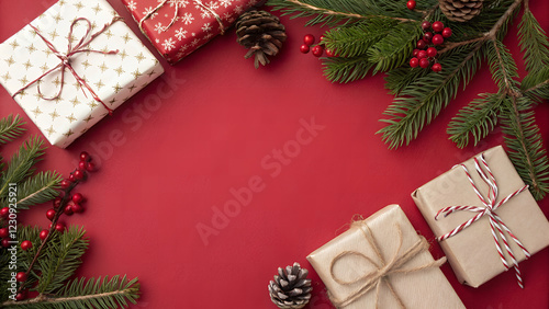 Christmas Festive Red Background Decorated with Gifts, Pine, Berries