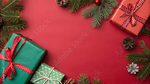 Christmas Festive Red Background Decorated with Gifts, Pine, Berries