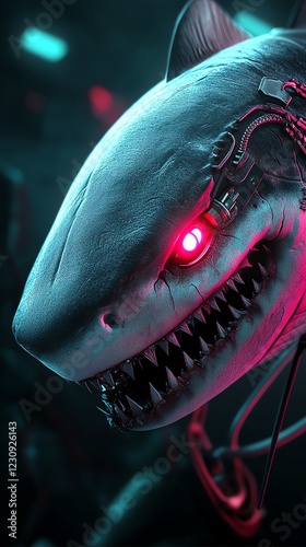 Cyberpunk shark with neon cybernetic implants, futuristic cityscape, 3D illustration photo