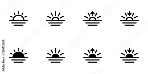 Sunrise, sunset icon set, flat style line and glyph vector illustrations