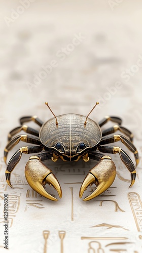 Egyptianinspired crab with gold plating, ancient temple background, 3D illustration photo