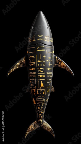 Egyptianstyle shark with golden hieroglyphs on its body, ancient mythology, 3D illustration photo