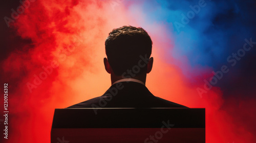 A silhouette of a person sitting in front of colorful smoke, creating a dramatic and mysterious atmosphere.