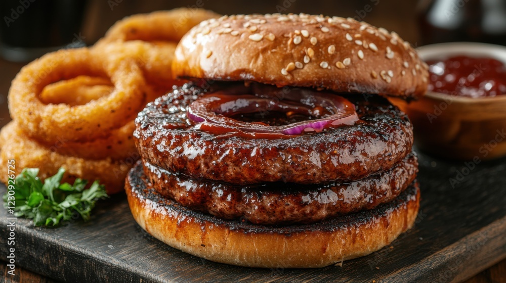 Delicious triple-layered burger with onion rings and sauce on a wooden table, inviting and appetizing Delicious triple-layered burger with onion rings and sauce on a wooden table, inviting and appetizing