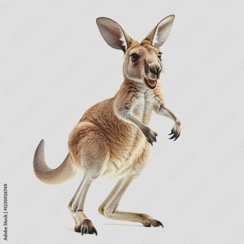Fototapeta premium A kangaroo in mid-air jump captured in a natural setting showcasing its powerful legs and agility in an open landscape under a clear blue sky