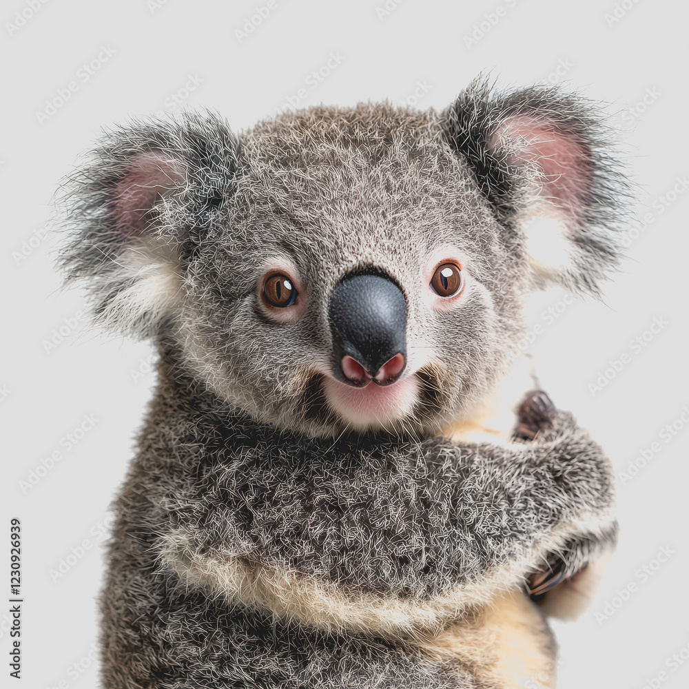 Fototapeta premium Koala sitting on a white surface in a simple indoor environment with natural lighting and minimalistic background