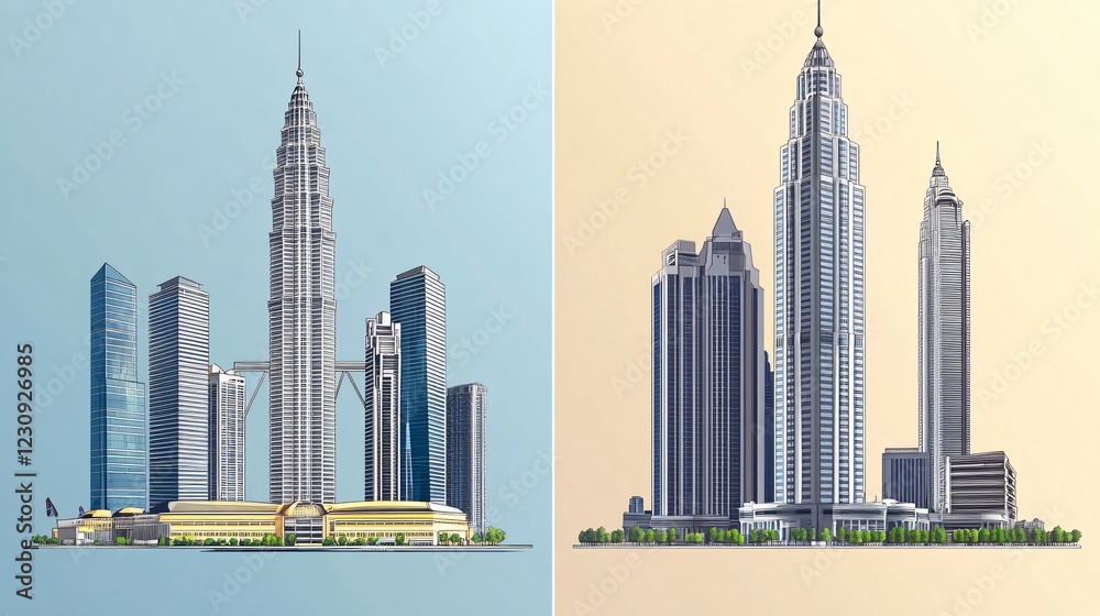 Fototapeta premium Modern Buildings and Petronas Towers Flat Vector Illustration for Architecture Projects