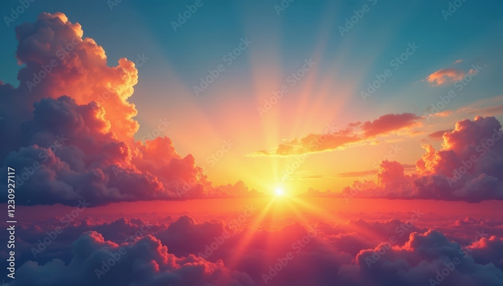 Fototapeta premium Brilliant summer sunset, clouds ablaze with color across a vast sky, vibrant, scene