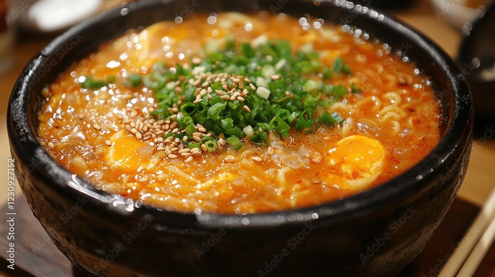 Spicy Noodle Soup Served in Traditional Black Pot with Toppings Spicy Noodle Soup Served in Traditional Black Pot with Toppings