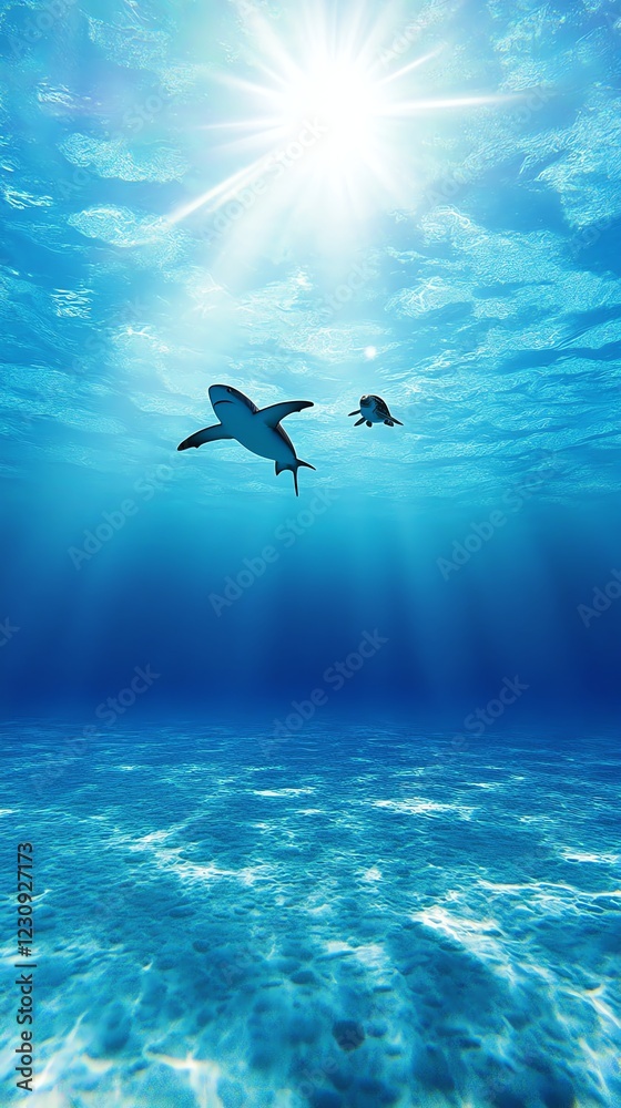 Playful baby shark swimming with sea turtles, joyful underwater moment, 3D illustration Playful baby shark swimming with sea turtles, joyful underwater moment, 3D illustration