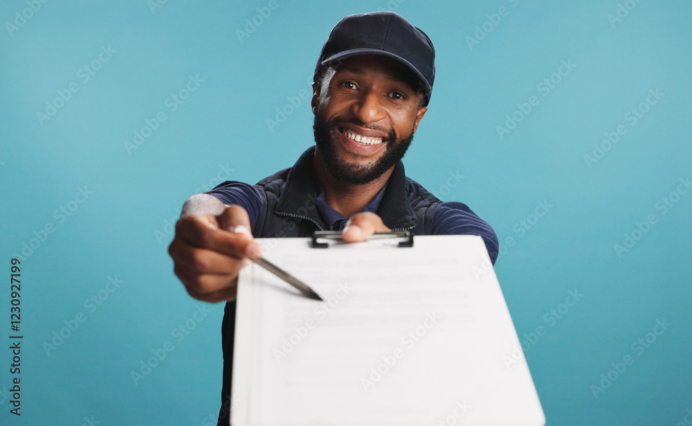 Signature, studio and delivery man with clipboard, portrait and preparing for logistics and distribution. Mockup space, blue background and courier person with checklist, writing and info for cargo