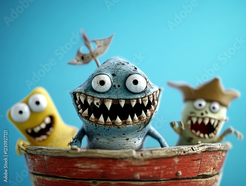 Pirate shark crew sailing on a sunken ship, adventurous storytelling, 3D illustration photo