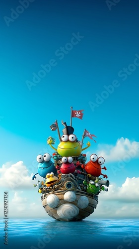 Pirate crabs sailing on a floating seashell ship, highseas adventure, 3D illustration photo