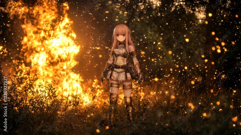 Obraz premium Girl warrior fire fantasy cosplay night