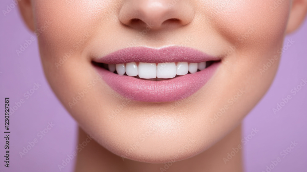 Fototapeta premium close up of woman smile showcasing perfectly shaped lips and bright white teeth against soft purple background. image conveys sense of beauty and confidence
