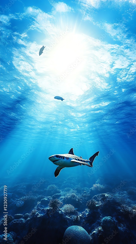 Fototapeta premium Playful baby shark swimming with sea turtles, joyful underwater moment, 3D illustration