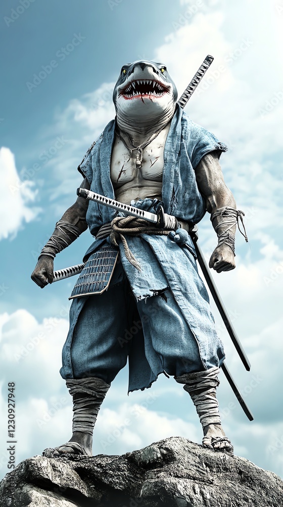 Fototapeta premium Samurai shark standing on an ocean cliff, epic battle stance, 3D illustration