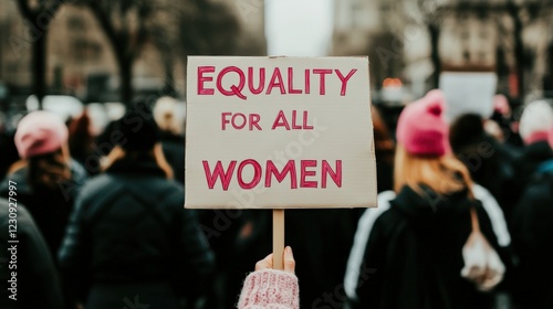 A Vibrant Demonstration Advocating for Gender Equality and Women's Rights, Highlighting Unity and Empowerment in a Crowded Public Space photo