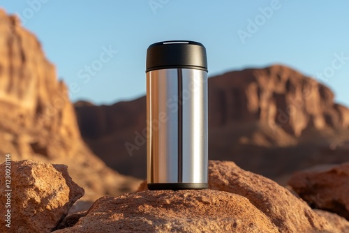 Stainless Steel Thermos Bottle on Desert Rocks Against Mountain Backdrop