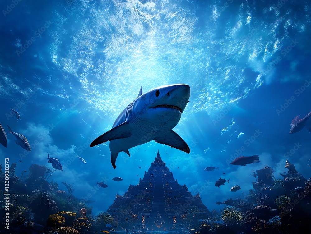 Obraz premium Shark spirit guardian floating over a sacred coral temple, mystical and spiritual, 3D illustration
