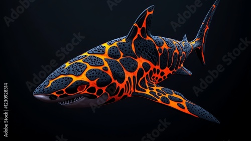 Shark covered in lavalike patterns, glowing magma theme, 3D illustration photo