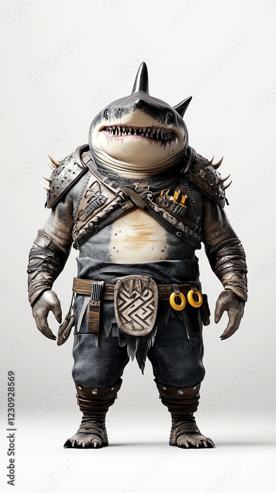 Shark wearing battle armor, oceanic warrior fantasy, 3D illustration Shark wearing battle armor, oceanic warrior fantasy, 3D illustration