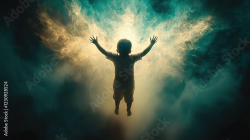 Wallpaper Mural Child floating, ethereal light, dark clouds, hope concept, spiritual imagery Torontodigital.ca