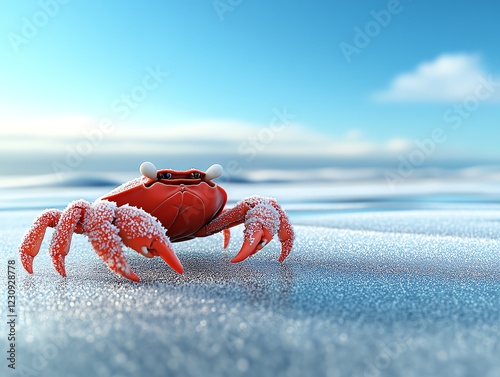 Snow crab on a frozen lake, iciclecovered shell, winter setting, 3D illustration photo