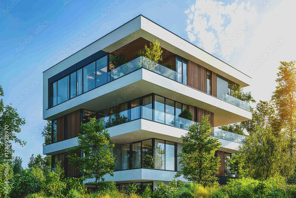 Modern house design featuring large windows and contemporary architecture surrounded by greenery and blue sky Modern house design featuring large windows and contemporary architecture surrounded by greenery and blue sky