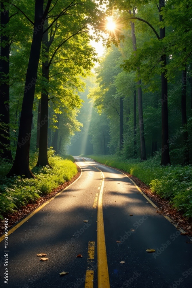 Fototapeta premium Asphalt ribbon curves through silent woods, sun dappled leaves , turn, road trip
