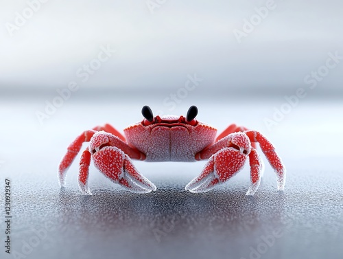 Snow crab on a frozen lake, iciclecovered shell, winter setting, 3D illustration photo