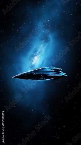 Sharkthemed spaceship gliding through a starry galaxy, scifi adventure, 3D illustration photo