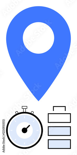 Blue map marker stopwatch and battery charge icons. Ideal for navigation, location services, time tracking, efficiency, productivity, power management, energy conservation. Line metaphor