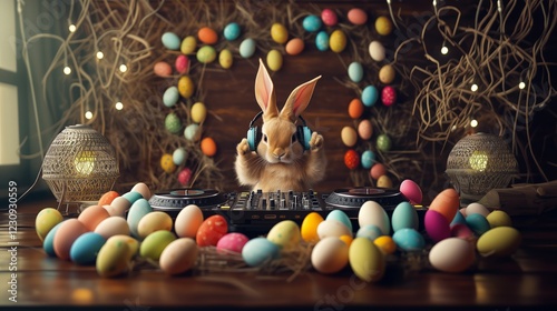 an easterbunny as a DJ with headphone on his ears, and turntables easter eggs around - Generative AI