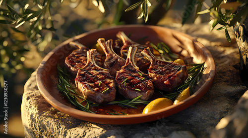 Grilling juicy lamb chops in a mediterranean olive grove rustic terracotta plate fresh rosemary on a stone table soft golden light. Golden Grove. Illustration photo