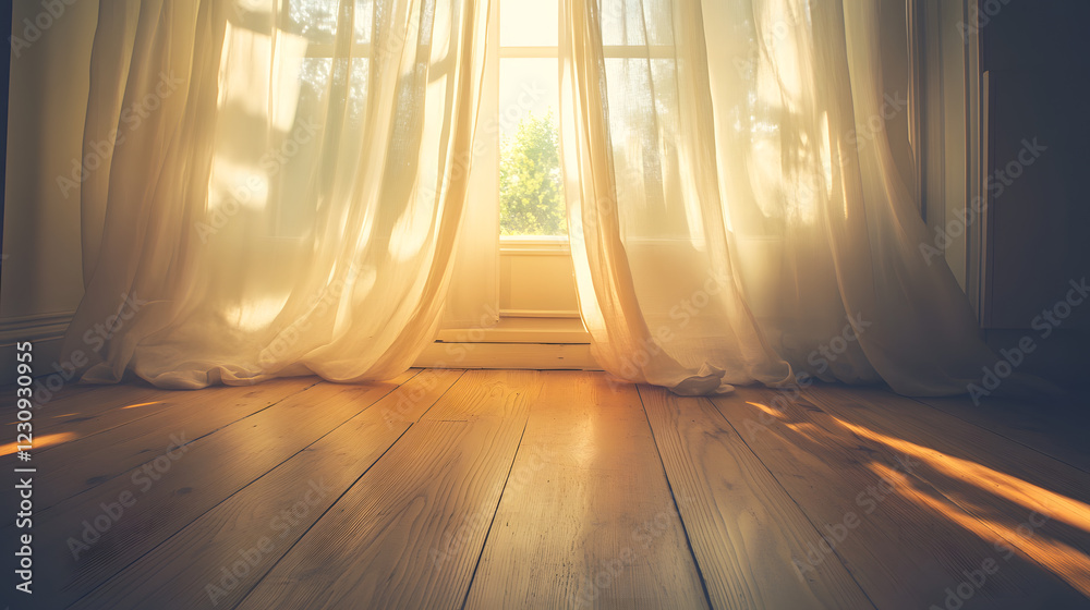 Soft Morning Light Glimmering Through Sheer Curtains on Warm Wood Floor Soft Morning Light Glimmering Through Sheer Curtains on Warm Wood Floor