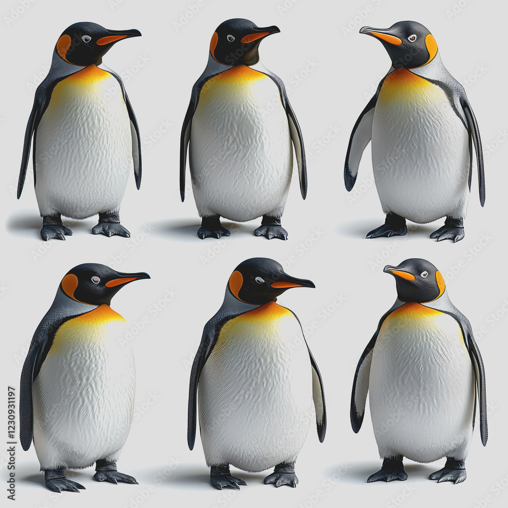 Fototapeta premium Six penguins of various colors and sizes standing together on ice in natural habitat