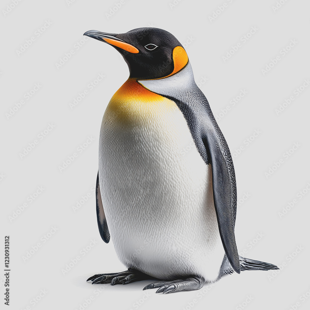 Obraz premium Penguin with yellow and black head standing on ice in arctic environment under clear blue sky with snowy landscape and ocean in background
