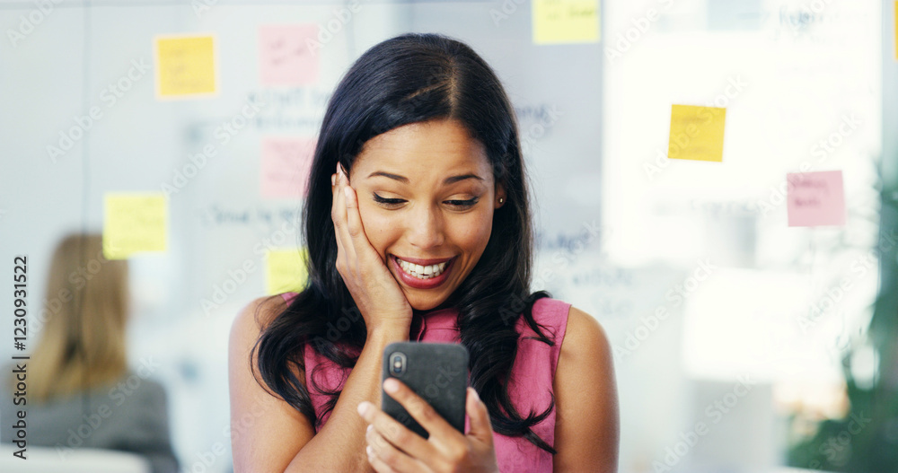 Phone, smile and surprise with business woman in creative office for good news, planning or strategy. App, social media and storyboard with happy designer in workplace for bonus, goals or success Phone, smile and surprise with business woman in creative office for good news, planning or strategy. App, social media and storyboard with happy designer in workplace for bonus, goals or success