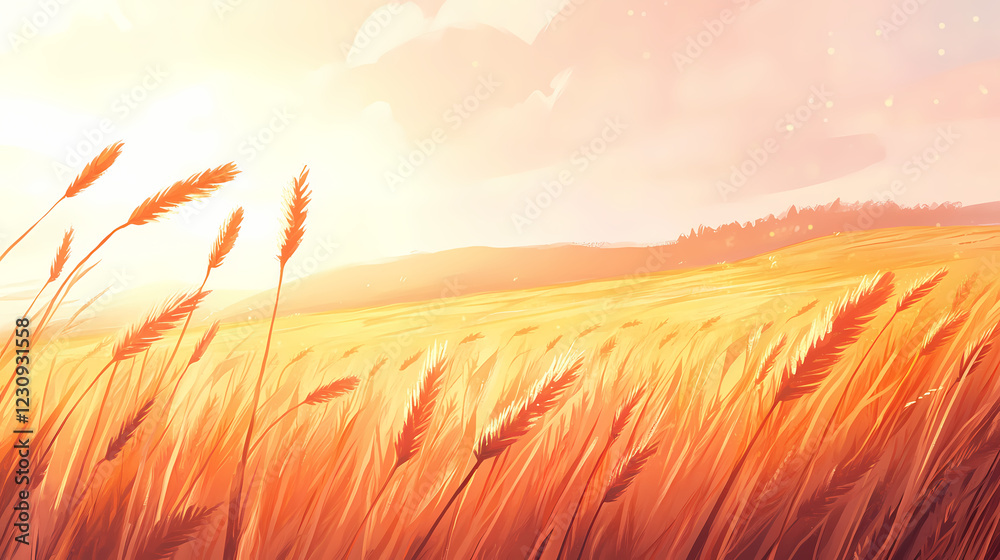 Vibrant golden wheat stalks swaying in a tranquil rural landscape closeup of lush cereal crop field with soft autumn tones agricultural nature and ecology concept. Golden Grove. Illustration Vibrant golden wheat stalks swaying in a tranquil rural landscape closeup of lush cereal crop field with soft autumn tones agricultural nature and ecology concept. Golden Grove. Illustration