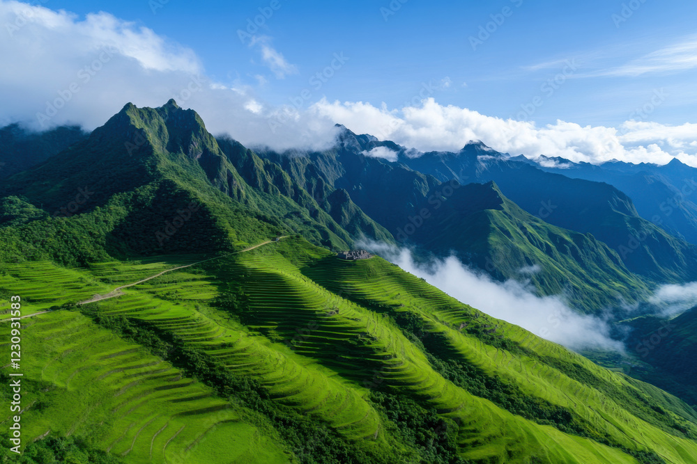 The mountains are covered in lush green grass and the sky is clear and blue The mountains are covered in lush green grass and the sky is clear and blue