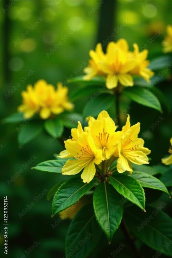 Yellow rhododendron blooms against a backdrop of lush green foliage, forestfoliage, nature, wildflowers Yellow rhododendron blooms against a backdrop of lush green foliage, forestfoliage, nature, wildflowers