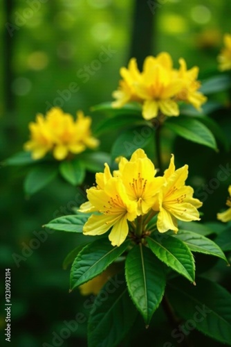 Yellow rhododendron blooms against a backdrop of lush green foliage, forestfoliage, nature, wildflowers photo