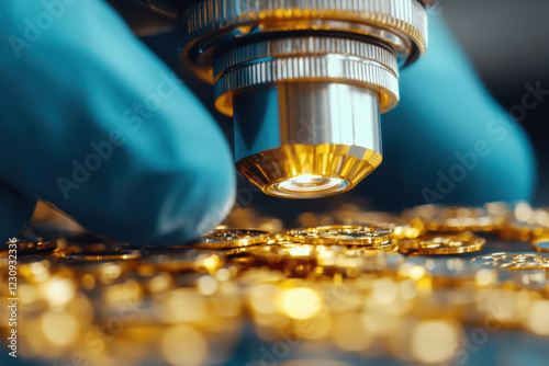 Product manufacturing accuracy. worker examines gold coins microscope for quality assurance and precision. detailed inspection highlights importance of accuracy industry