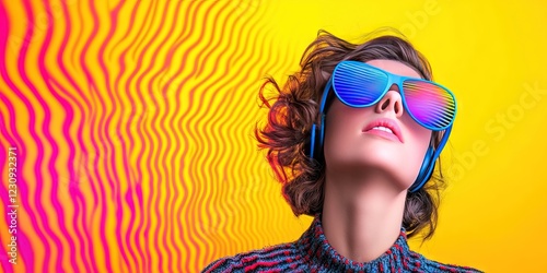 woman wearing colorful fashion and makeup to replicate waves of the doppler effect