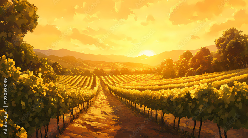 Naklejka premium A golden sunset over a vineyard, with rows of grapevines bathed in the warm evening light. Golden Grove. Illustration