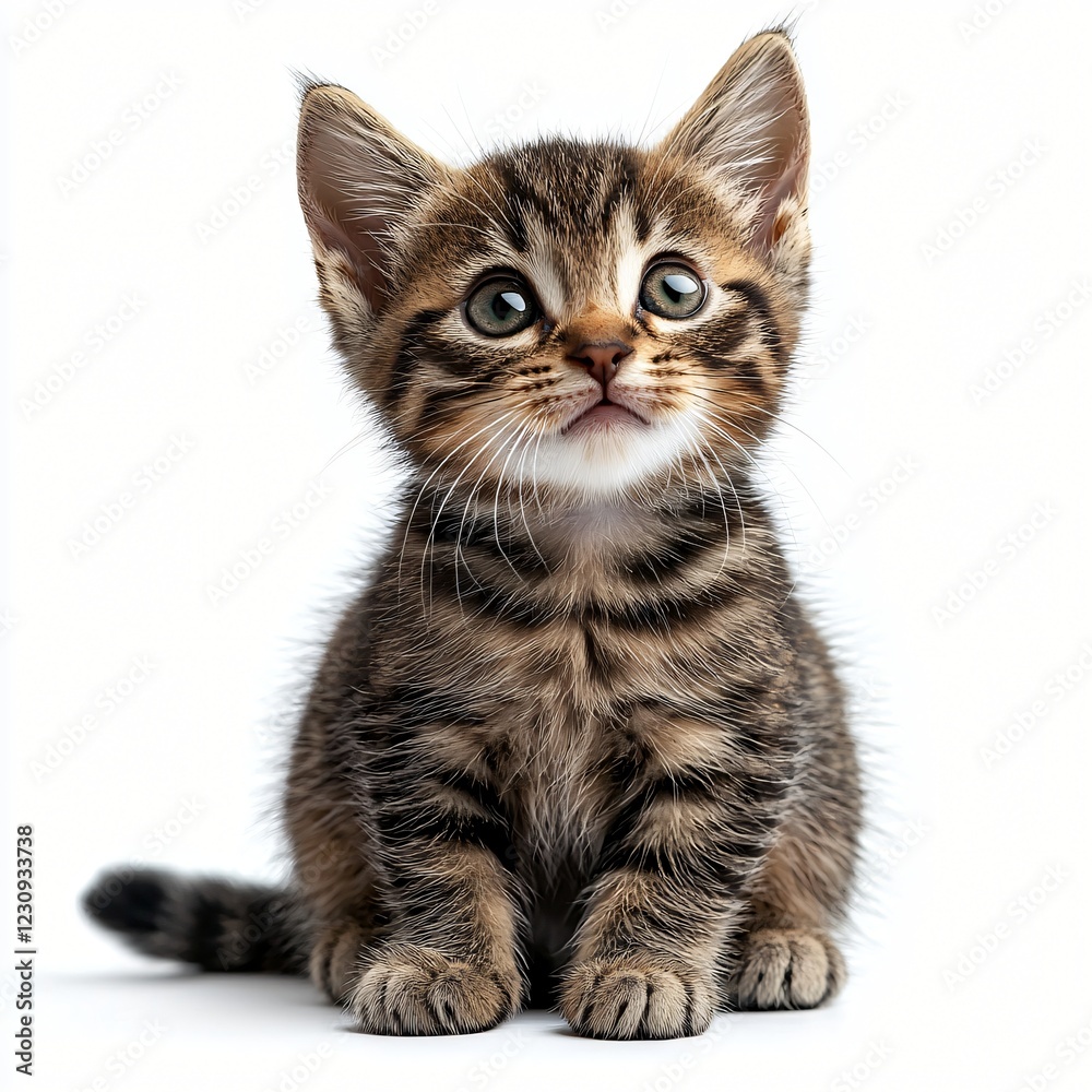 Cute tabby kitten sitting, looking up, white background, pet adoption Cute tabby kitten sitting, looking up, white background, pet adoption