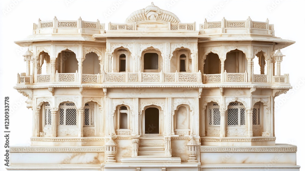 Fototapeta premium Intricate ivory-colored architectural model showcasing detailed balconies, arches, and decorative carvings