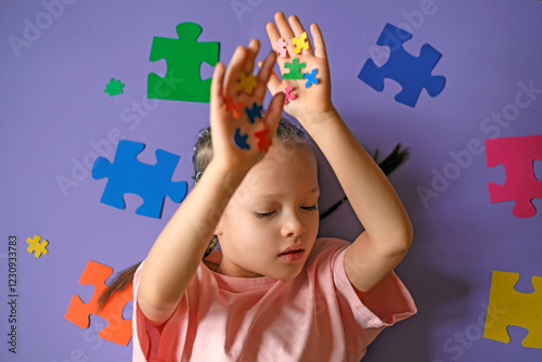 A thoughtful sad lonely girl with pieces of colored puzzles in her hands. Intellectual development of education. Problems of social behavior of children with autism